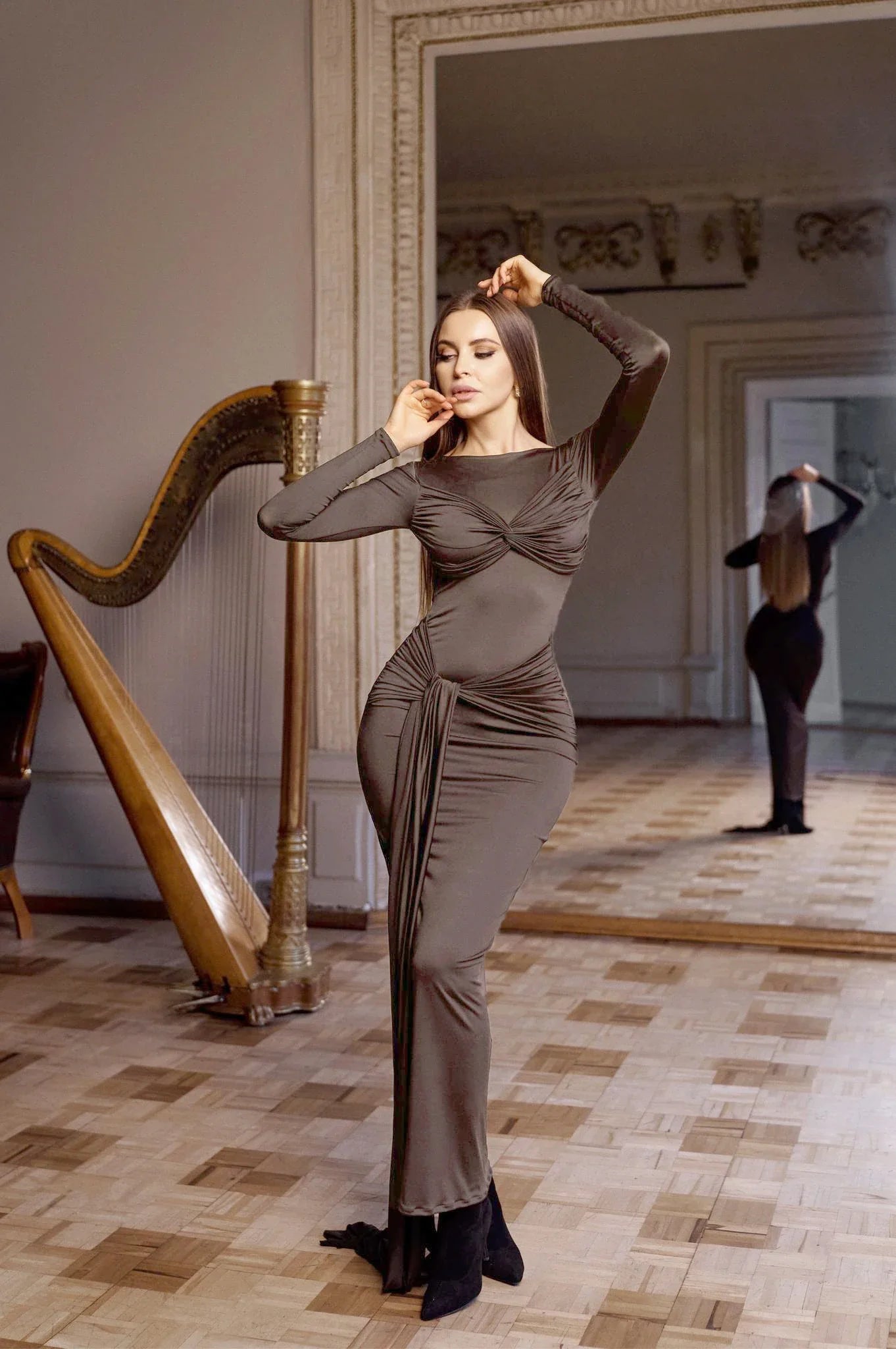 Women Celebrity Sexy O Neck Long Sleeve Gray White Maxi Long Gowns Dress 2024 Elegant Evening Party Club Vestido