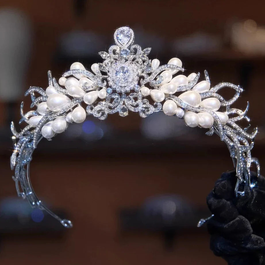 Bridal Hair Jewelry Crystal Zirconia Tiaras and Crowns Princess Queen Diadem For Brides Pearl Headpieces Wedding Accessories a