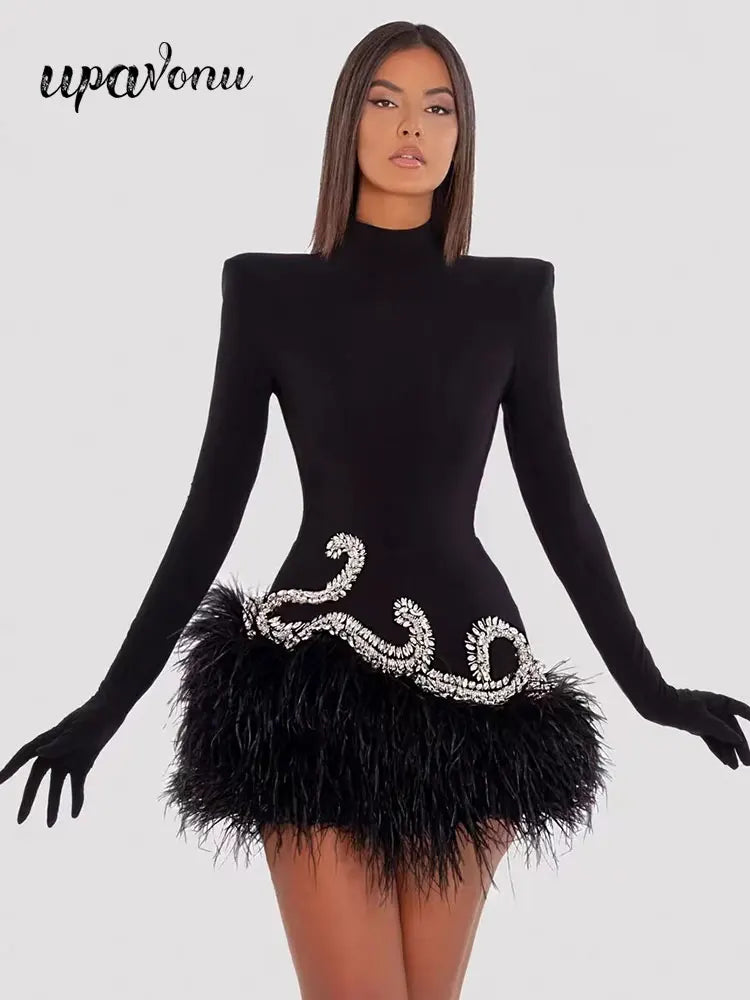 Autumn Elegant Dress Women's Party Dress High Neck Long Sleeve Gloves Luxury Crystal Design Velvet Mini Feather Dresses Vestido