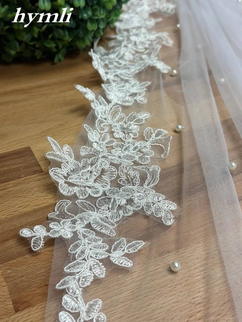 White , Light Ivory 1 Tier Pearl Veil Lace Fingertip Length Bridal Veil