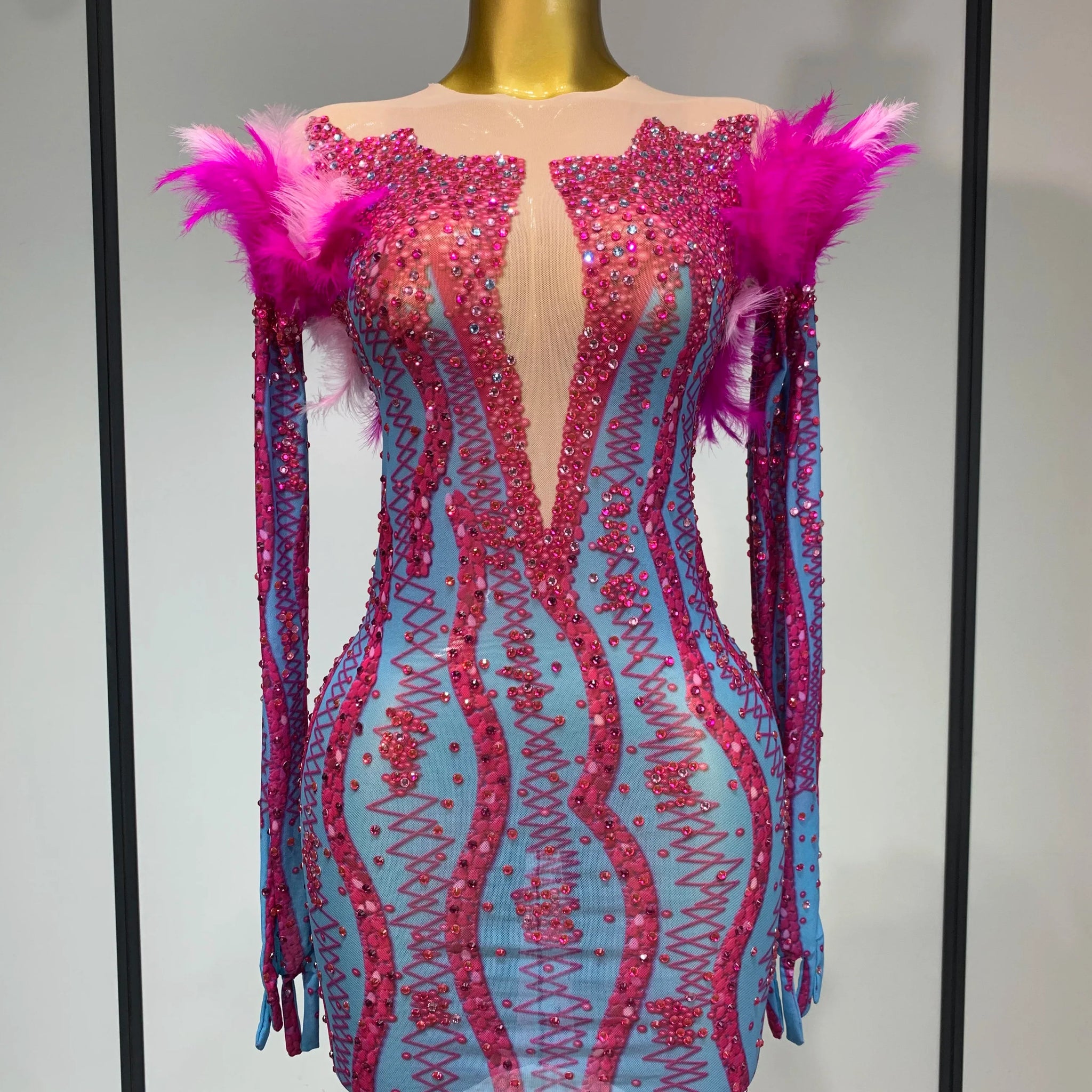 Women Sexy Mesh See Through Diamond Feather Dress Elegant Evening Party Luxury Birthday Nightclub Performance Stage Costume MULTI