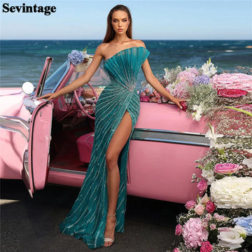 Fashion Green Mermaid Evening Dress Sequined Plus Size Prom Gowns High Side Slit Robe De Soiree vestido formatura