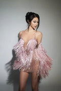 Sparkly Rhinestone Sequin Tassel Coat And Skirt 2Pcs Women Birthday Party Nightclub Dj Stage Performance Costume Pink