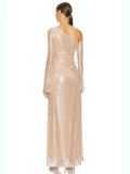 Sexy Women's 3D Flower Shining Glitter Maxi Dress with Diagonal Collar Long Sleeve Bodycon Long Dress Evening Club Vestidos