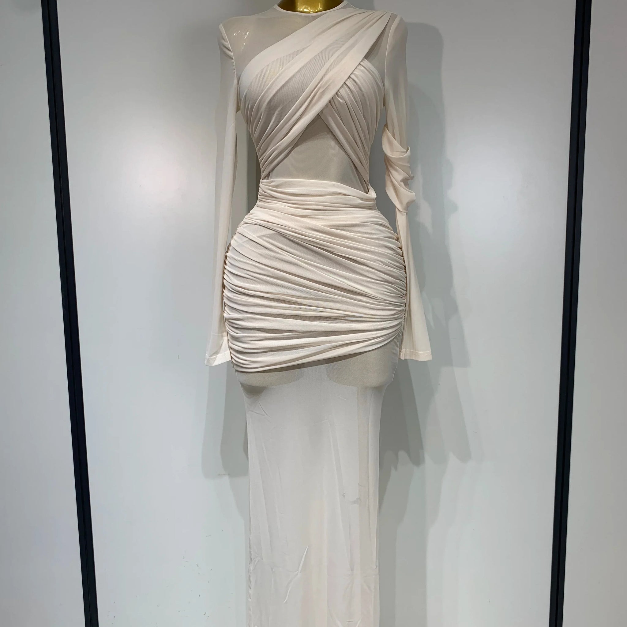 Elegant Mesh Fold Long Sleeve Bodycon Dress Women Evening Party Club Sexy Perspective Fashion Luxury Birthday Dresses Beige