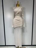 Elegant Mesh Fold Long Sleeve Bodycon Dress Women Evening Party Club Sexy Perspective Fashion Luxury Birthday Dresses Beige
