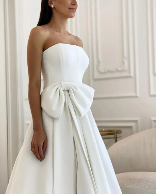 Msikoods Satin Wedding Dresses Side Slit Satin A-Line Wedding Party Gowns Strapless Elegant Long Bride Gowns