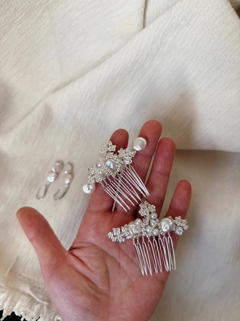 Pearls Hair Comb Pin Clip Silver Color Head Piece For Bride Bridesmaids Women Hairpin Earring Bridal Jewelry Wedding Accessories