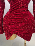 Sexy Sparkly Red Sequins Long Sleeve Short Dress Women Evening Celebrate Birthday Party Club Performance Stage Costume