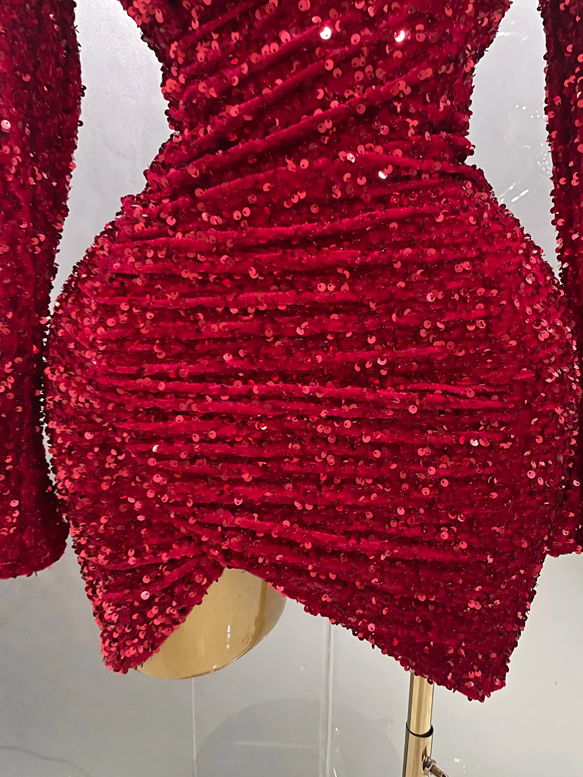 Sexy Sparkly Red Sequins Long Sleeve Short Dress Women Evening Celebrate Birthday Party Club Performance Stage Costume