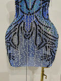 Sexy Sparkly Rhinestones Chains Blue Mesh Short Dress Women Party Celebrate Birthday Dresses Photo Shoot Stage Wear