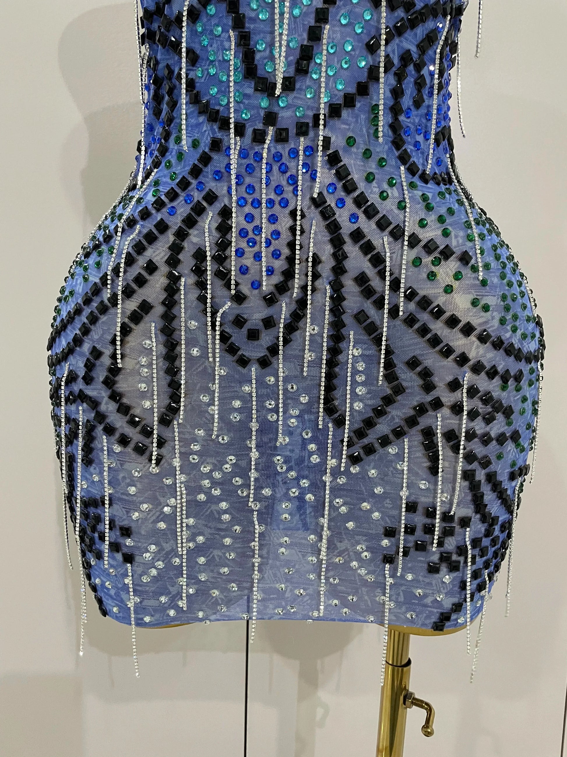 Sexy Sparkly Rhinestones Chains Blue Mesh Short Dress Women Party Celebrate Birthday Dresses Photo Shoot Stage Wear