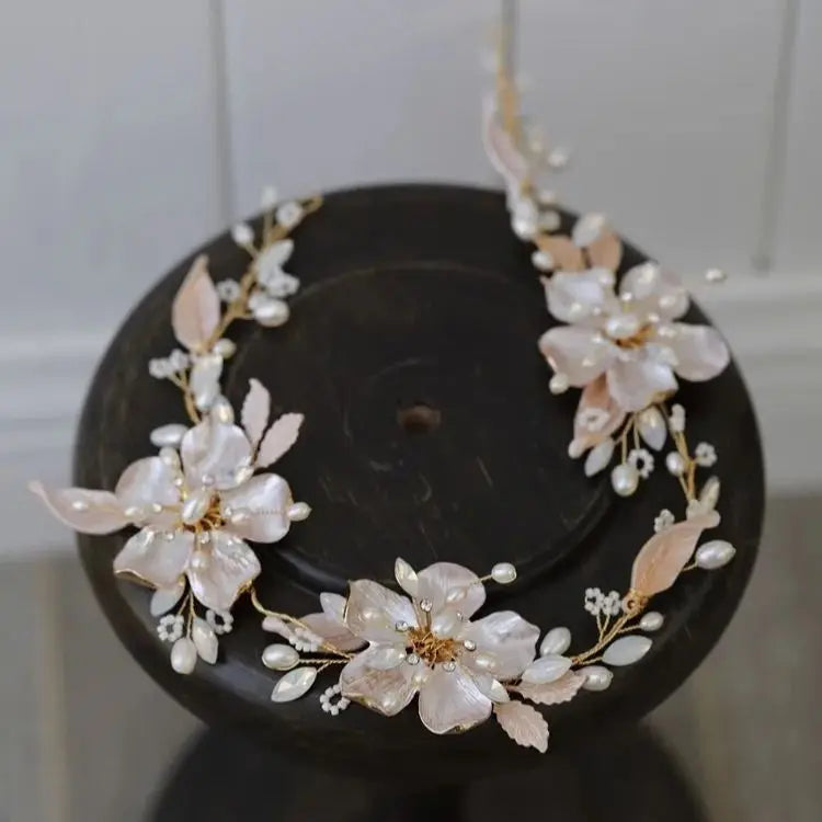 Vintage Gold Color Headband Hairband Flower Leaf Headpiece For Bride Pearl Headwear Wedding Accessories Bridal Hair Jewelry a