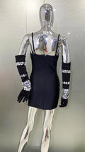 Women Luxury Sexy Crystal Beading Women Sleeveless Sexy Bodycon Mini Dress Gloves Nightclub Party Celebrate Birthday Dress