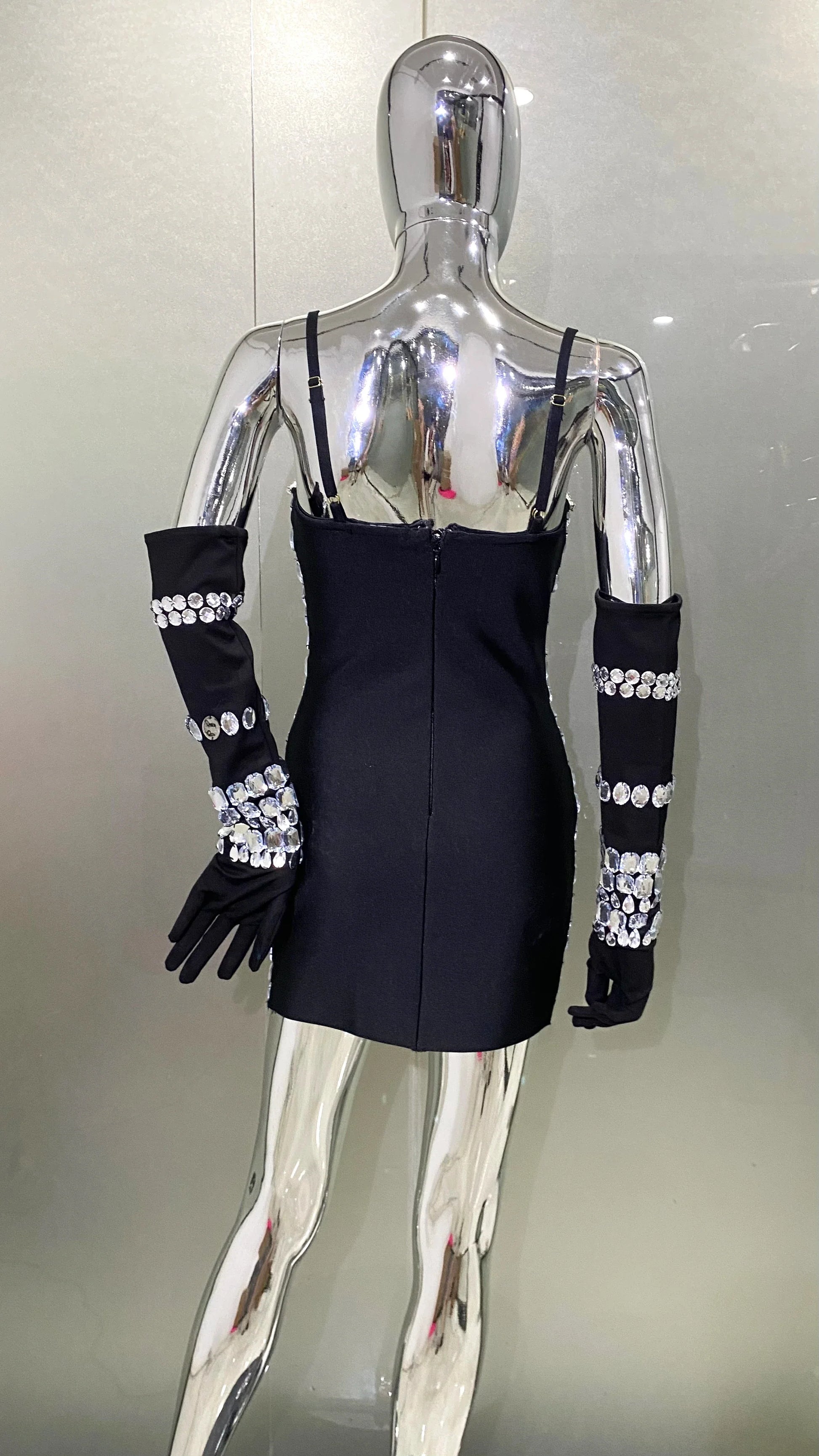 Women Luxury Sexy Crystal Beading Women Sleeveless Sexy Bodycon Mini Dress Gloves Nightclub Party Celebrate Birthday Dress