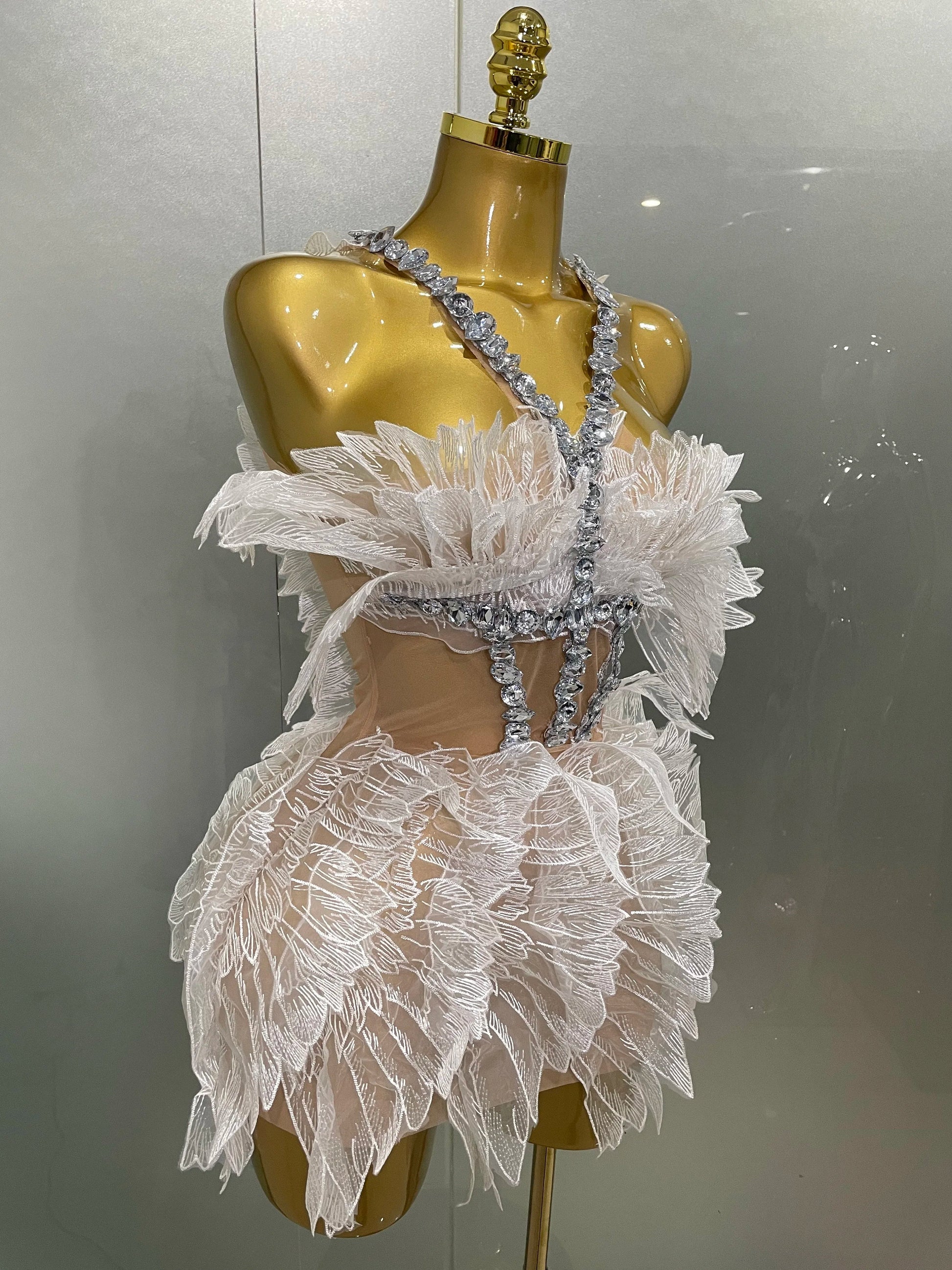 Sexy Shining Gold Crystal Transparent Wings Mini Dress Women Birthday Party Bar Nightclub Singer Stage Performance Costume