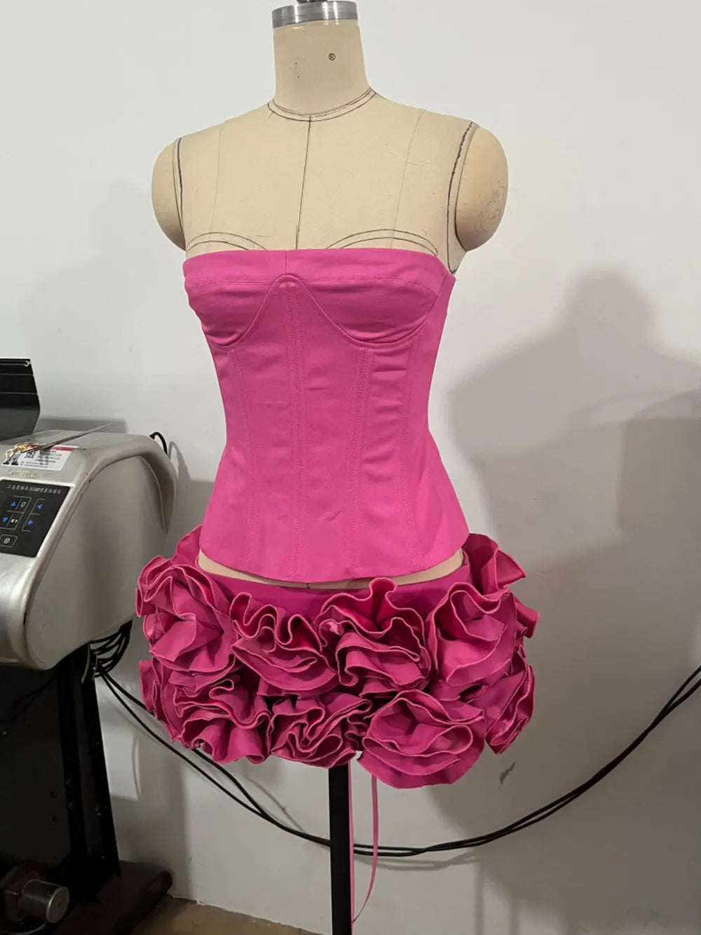 2024 Sexy Women'S Floral Mini Skirt Set Strapless Sleeveless Fishbone Backless Drawstring Vest+Mini Skirt Two-Piece Set Rose Red
