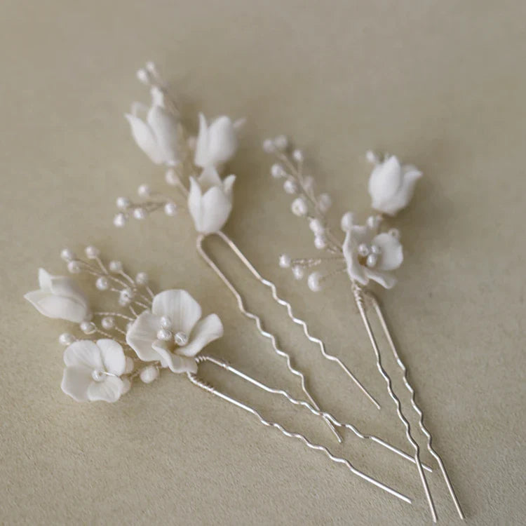 Bridal Jewelry Porcelain Flower Hairpins Silver Color Hair Pin Clip For Brides Bridesmaids Women Head Pieces Wedding Accessories silver color