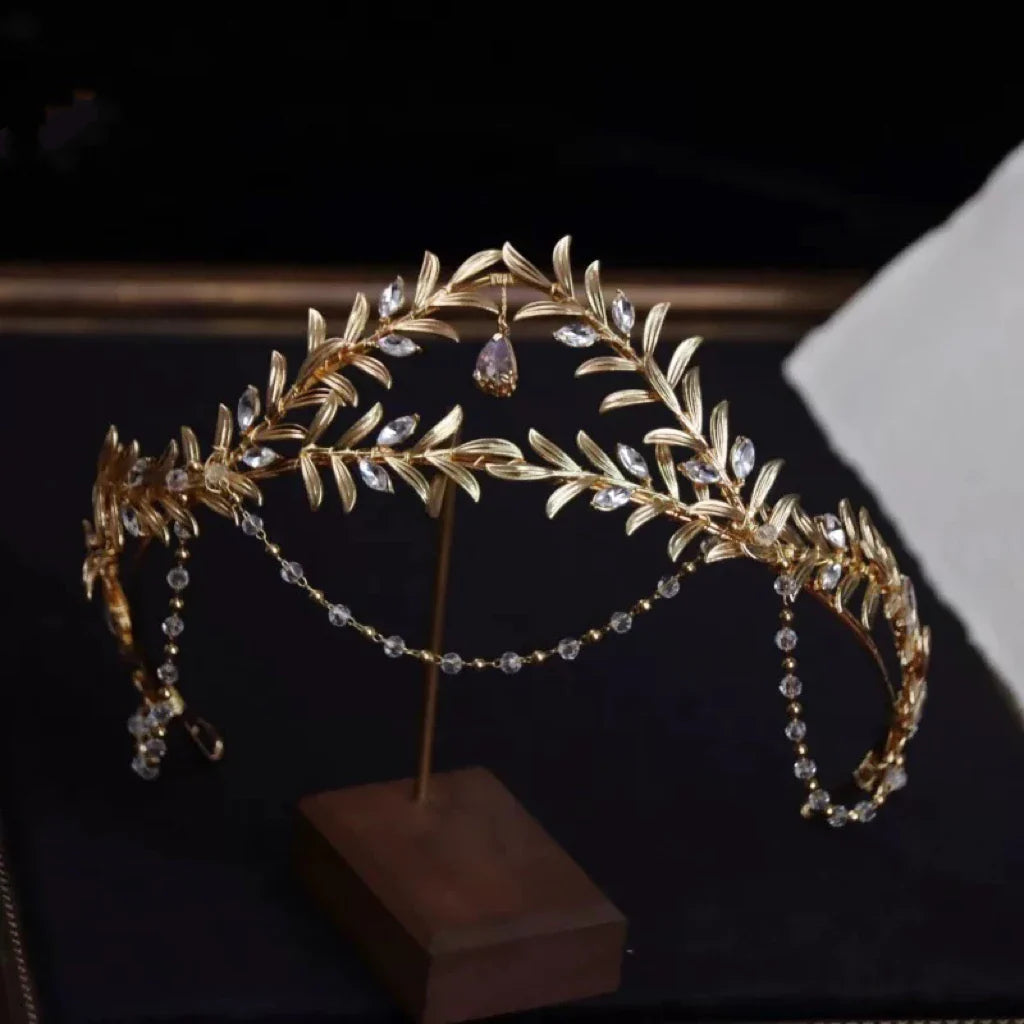 Vintage Gold Color Baroque Headband Tiara Brides Rhinestones Leaf Headpiece Headdress Wedding Accessories Bridal Hair Jewelry a