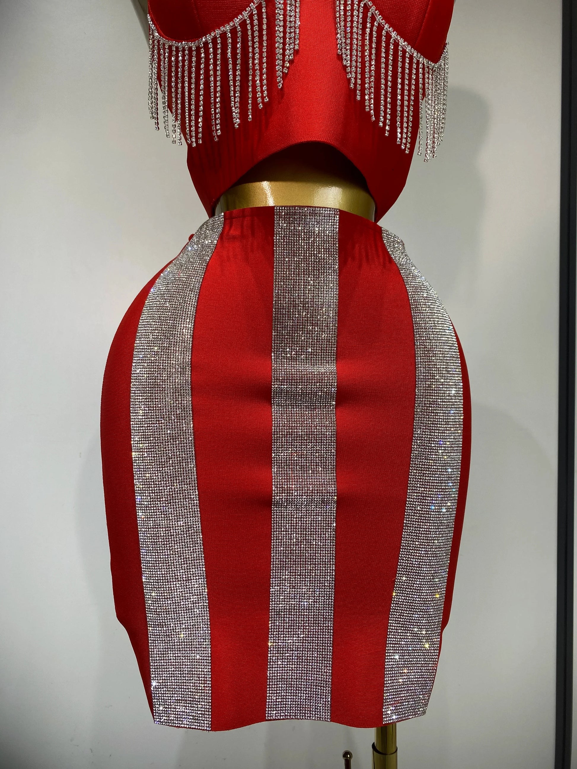 Women Sexy Sling Backless Tassels Bandage Skirt Two Piece Set Knitted Celebrity Elegant Evening Luxury Birthday Dresses