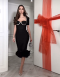 Black Color Women Sexy Sqaure Collar Short Sleeve Bodycon Bandage Mid-calf Dress Celebrate Evening Party Cocktail Dress