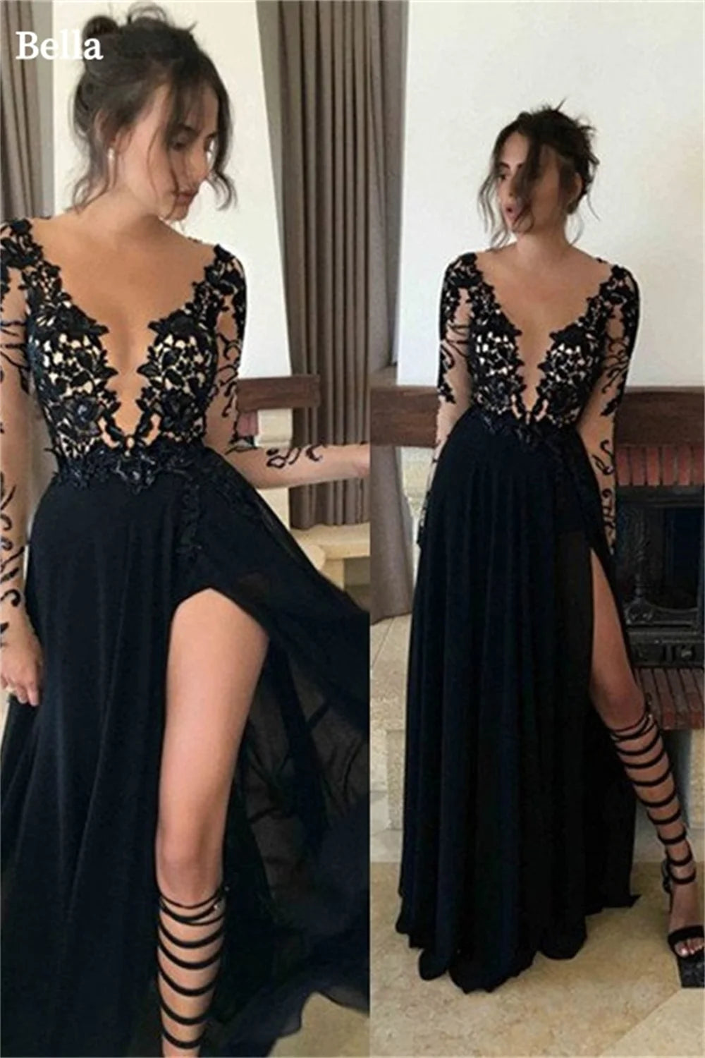 Black Lace Embroidery Prom Dresses V-Neck A-line Wedding Dress Elegant Long Sleeves Floor-Length Vestidos De Fiesta