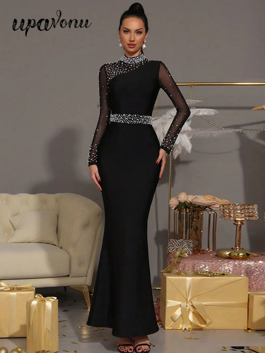 Sexy Women Light Luxury Nail Bead Patchwork Bandage Dress Stand Collar Long Sleeved Bodycon Black Long Dress Party Vestidos
