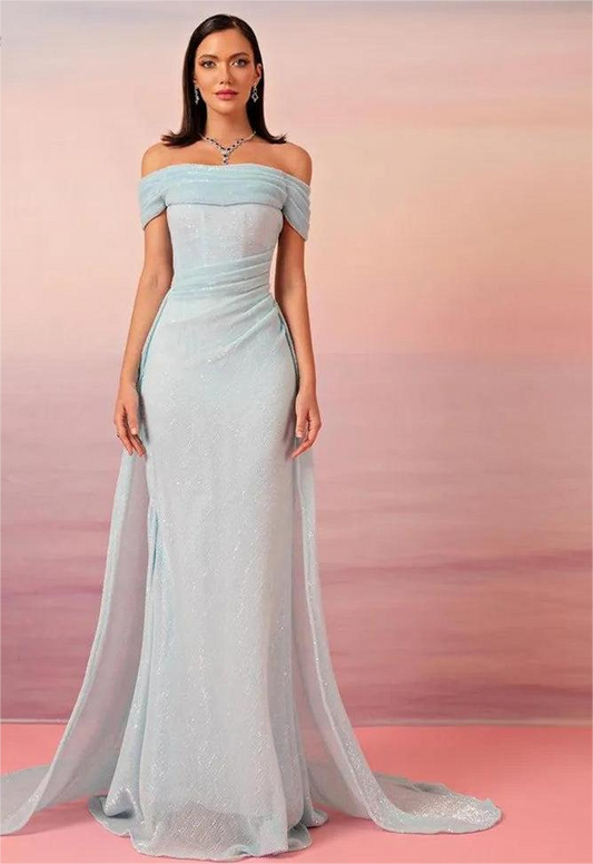 Baby Blue Saudi Arabic Prom Dresses Off The Shoulder Formal Evening Gowns Floor Length Dubai Women Party Dresses 2023