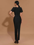 Sexy Women Three-Dimensional Heart-Shaped Design Hollow Bandage Dress O-Neck Short Sleeved Bodycon Black Long Dress Vestido
