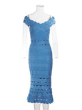 Spring Sexy Women Hollow Cut Design Bandage Dress with One Collar Shoulders Bodycon Backless Midi Dress Club Party Vestidos Blue