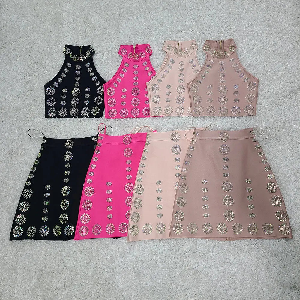 Sexy Women's Hot Diamond Top+Bandage Short Skirt Sets O-neck Sleeveless Short Tank Top+High Waist Short Skirt Two Piece Set