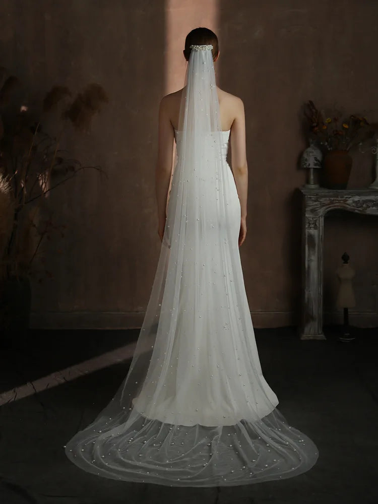 Pearl Long Bridal Veil White Lace Wedding Veils For Evening Dinner Party Dress Women Gift Hair Accessories Brides Jewelry