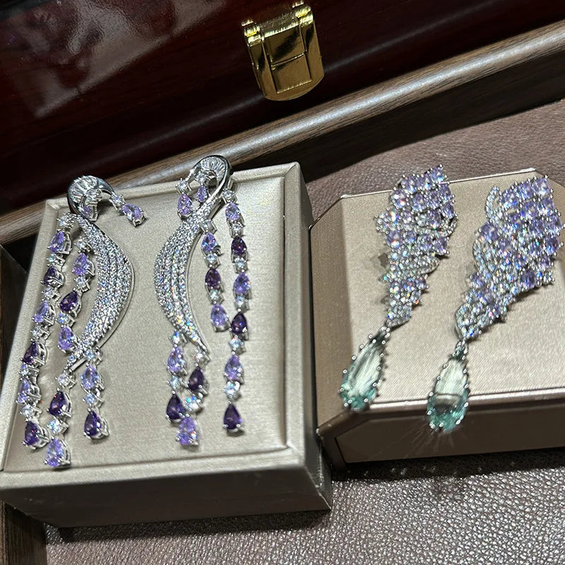 Luxury Purple Zircon Bridal Earrings CZ Cubic Zirconia Wedding Earring For Women Brides Accessories Dinner Party Dress Jewelry