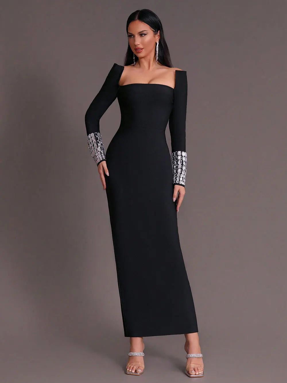 Women'S Elegant Bandage Dresses Square Neck Long Sleeved Nail Bead Design Bodycon Long Dress Evening Party Vestidos black