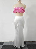 Pink Florals Women Sleeveless Sexy Square Collar 2 Pieces Bodycon Long Dress Cute Vacation Birthday Party Celebrate Dress