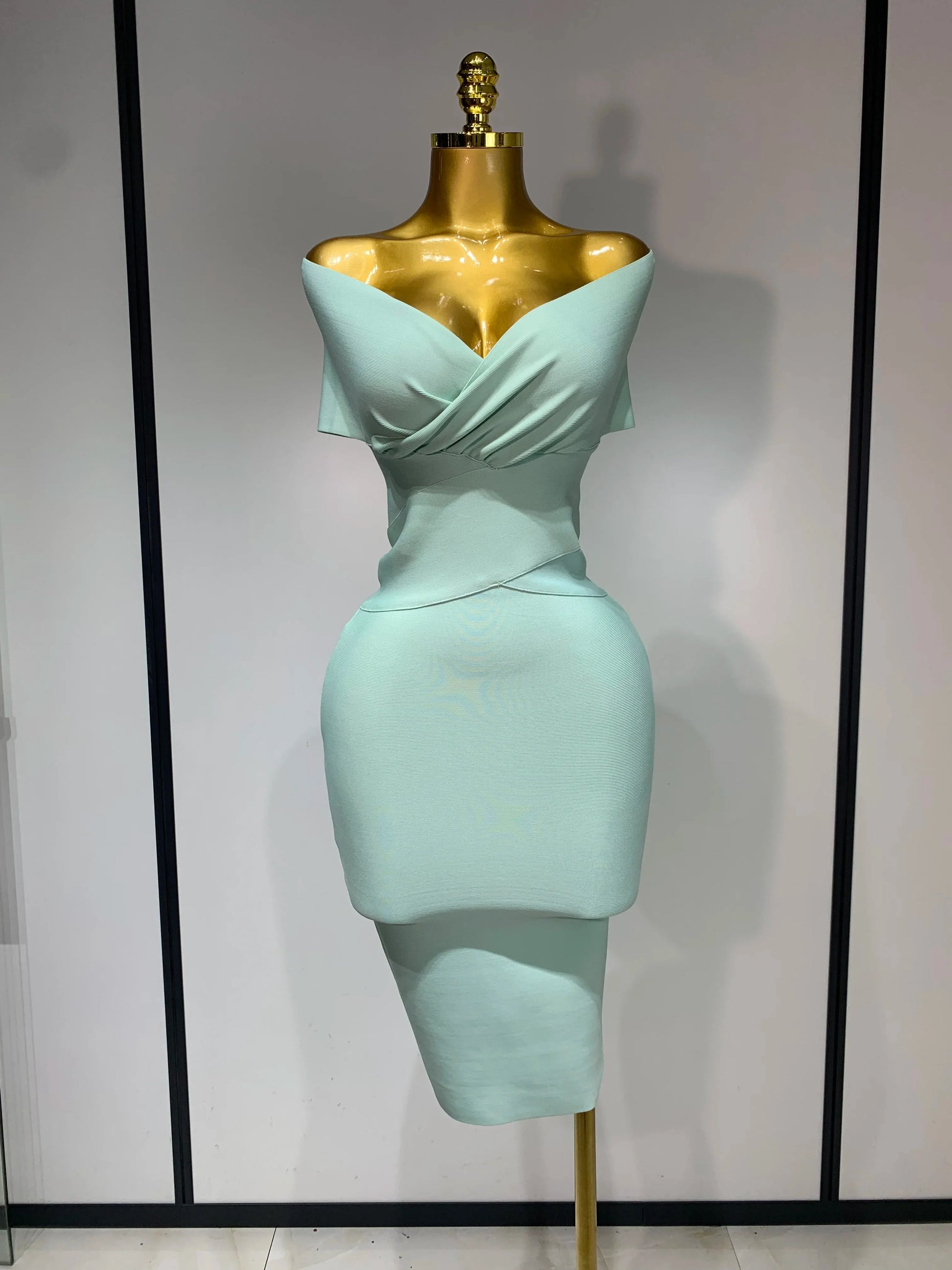 High Quality Women Bodycon Sexy Off The Shoulder Bandage Dress Club Dress Midi Celebrity Elegant Party Luxury Birthday Dress Mint