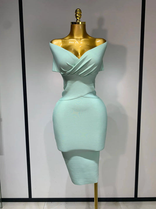 High Quality Women Bodycon Sexy Off The Shoulder Bandage Dress Club Dress Midi Celebrity Elegant Party Luxury Birthday Dress Mint