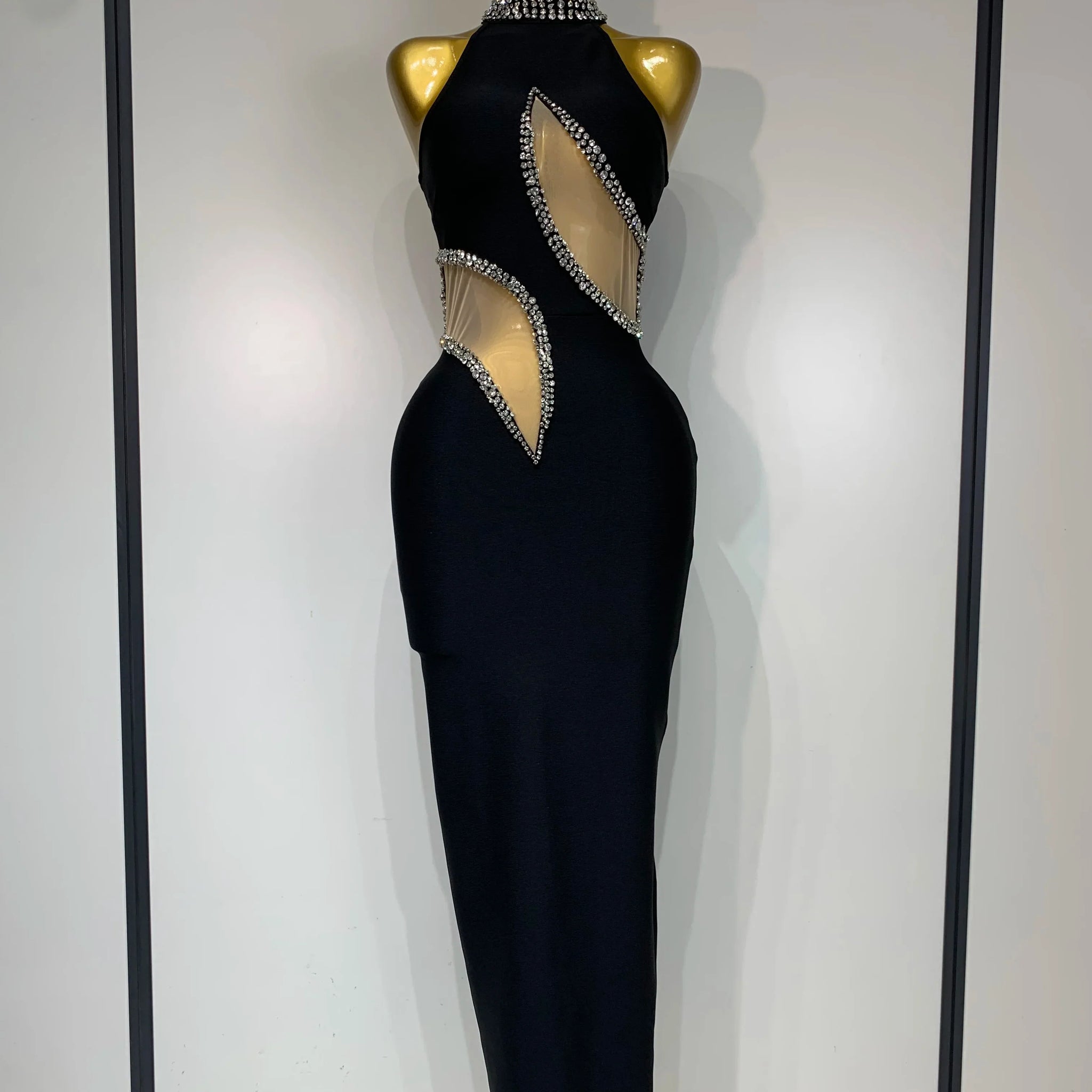 Women Sexy Rhinestone Black Sleeveless Mesh Patchwork New Arrival Stretch Bodycon Bandage Party Dresses Elegant Birthday Dress black