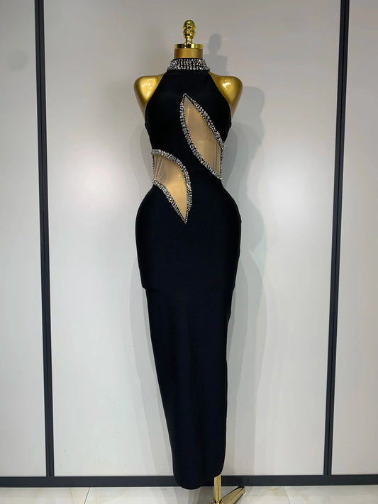Women Sexy Rhinestone Black Sleeveless Mesh Patchwork New Arrival Stretch Bodycon Bandage Party Dresses Elegant Birthday Dress black