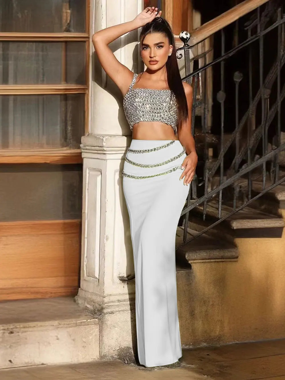 Sexy Women Light Luxury Nail Bead Long Skirt Set Spaghetti Strap Sleeveless Ultra Short Vest+High Waist Skirt Two-Piece Set WHITE