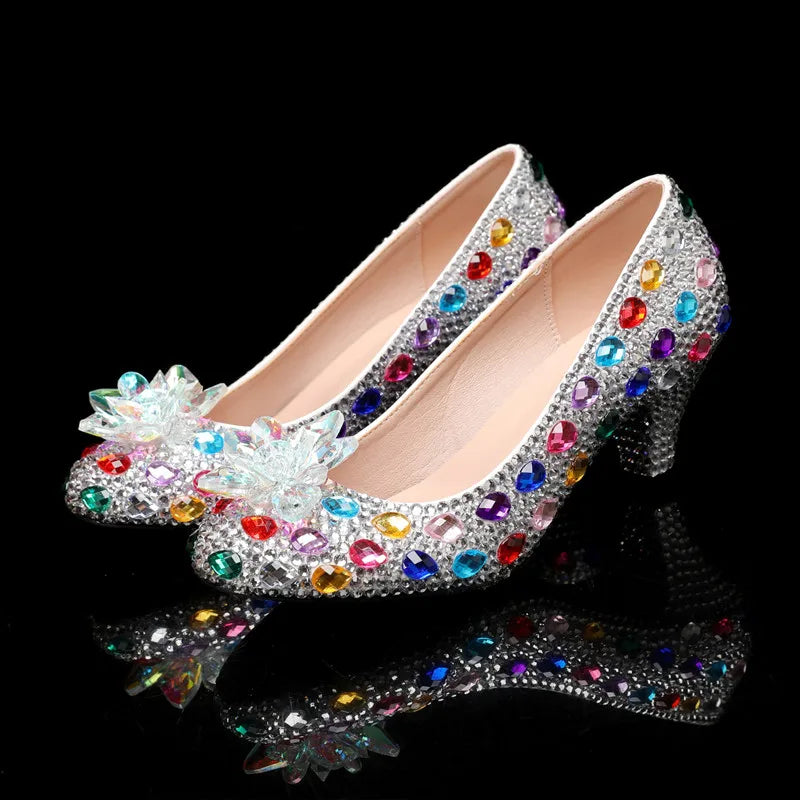 Luxury Colorful Rhinestones Wedding Women Pumps Fashion Round toe Crystal Flowers Bridal Party High heels Elegant Banquet Shoes