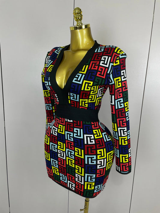 Sexy V-Neck Long Sleeve Bodycon Jacquard Short Bandage Dress Women Elegant Evening Luxury Birthday Party Cocktail Outfit