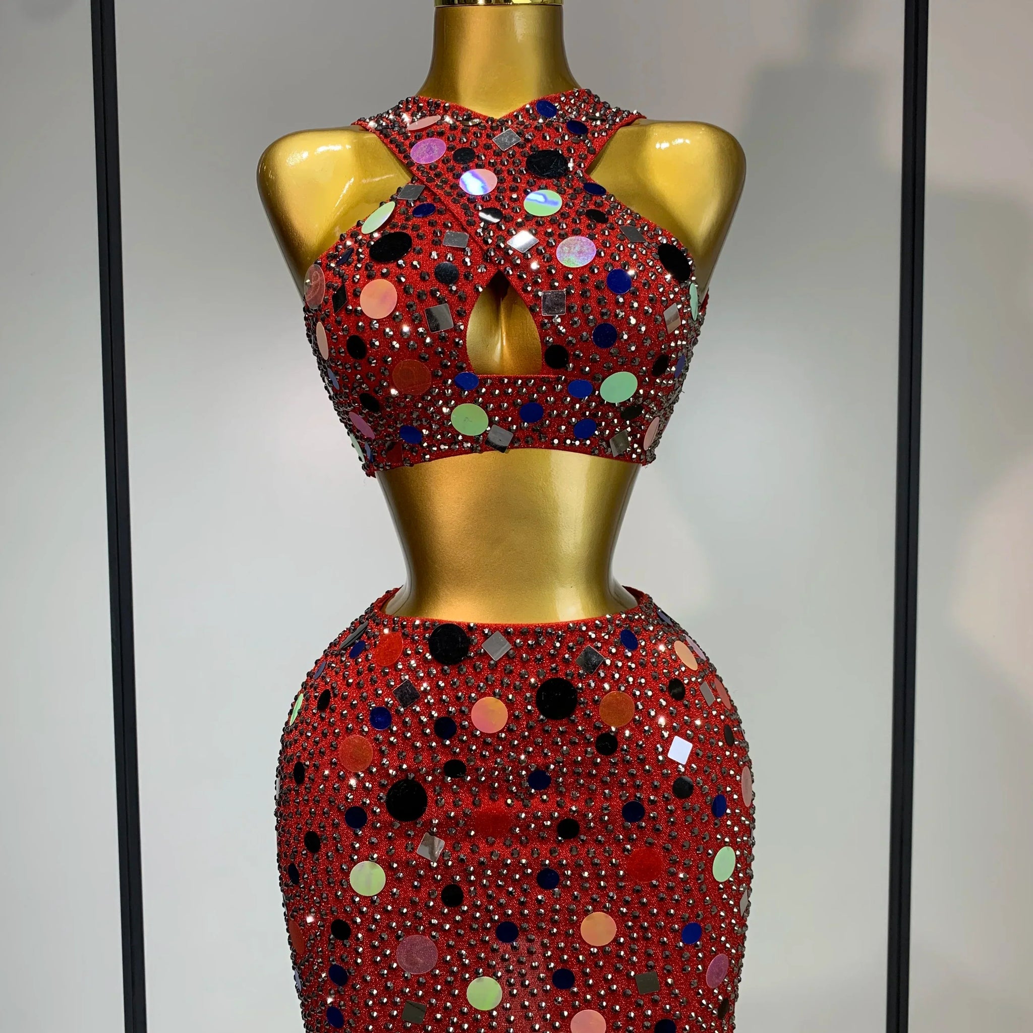 Luxury Rhinestone Sequin Sexy Two Piece Set Fashion Nightclub Sparkly Perform Stage Costume Birthday Dress Red