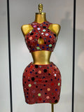Luxury Rhinestone Sequin Sexy Two Piece Set Fashion Nightclub Sparkly Perform Stage Costume Birthday Dress Red