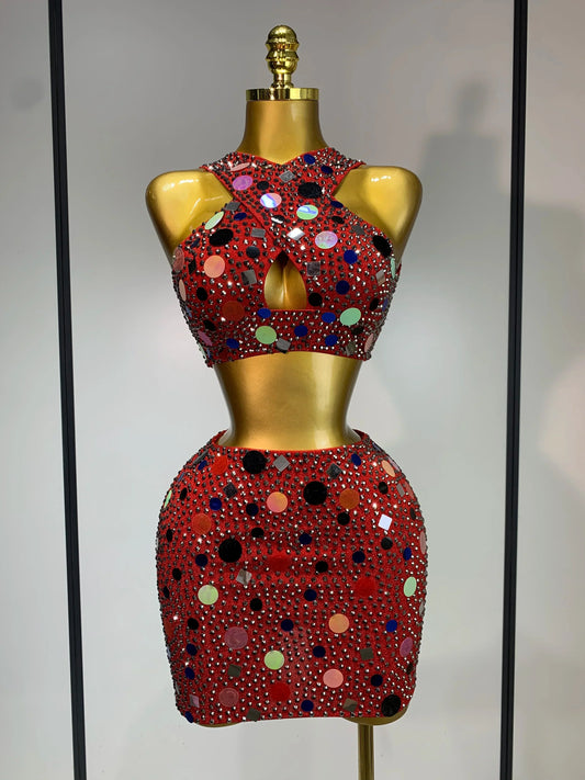 Luxury Rhinestone Sequin Sexy Two Piece Set Fashion Nightclub Sparkly Perform Stage Costume Birthday Dress Red