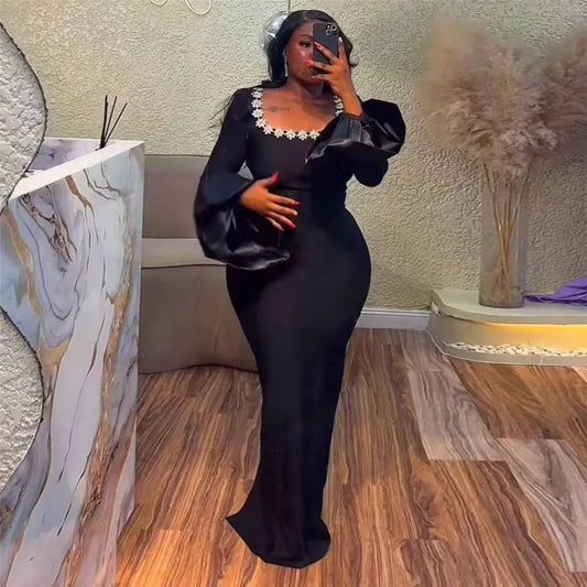Black Color Women Long Sleeve Sexy Sqaure Collar Shinning Crystal Bodycon Long Bandage Dress Celebrate Evening Party Outfit