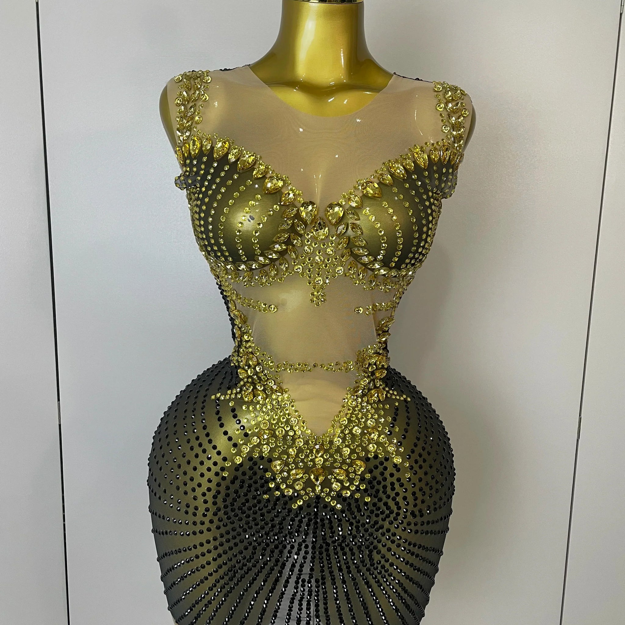 Sparkly Gold Rhinestone Transparent Sleeveless Mini Dress Evening Birthday Celebrate Party Nightclub Performance Costume black