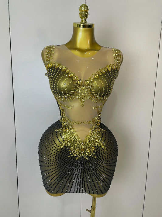 Sparkly Gold Rhinestone Transparent Sleeveless Mini Dress Evening Birthday Celebrate Party Nightclub Performance Costume black