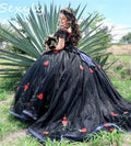 Customized Black Charro Mexican Quinceanera Dress Off Shoulders Rose Embroidery Debutante Vestido De 15 Xv Años Puffy Gothic