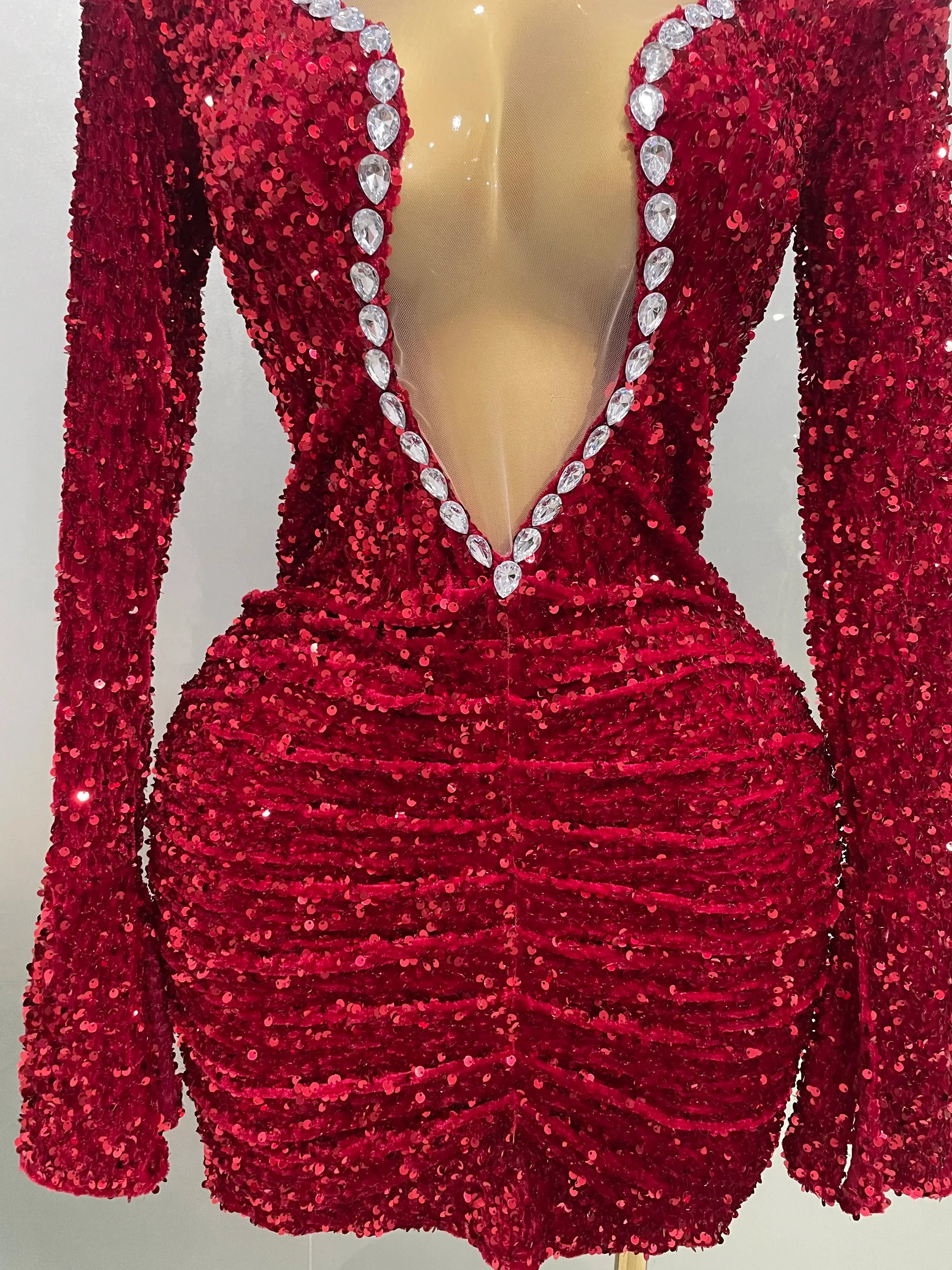 Sexy Shiny Red Sequins Rhinestones Sheath Mini Dress Women Evening Birthday Party Nightclub Stage Performance Costume